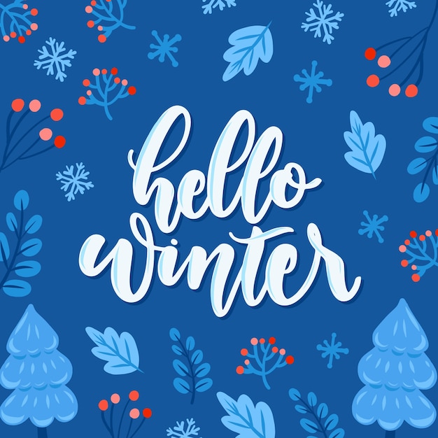 Hola letras de invierno sobre fondo azul