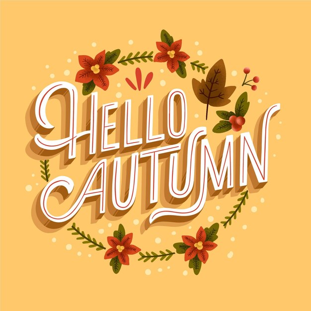Hola letras de otoño con flores y hojas dibujadas