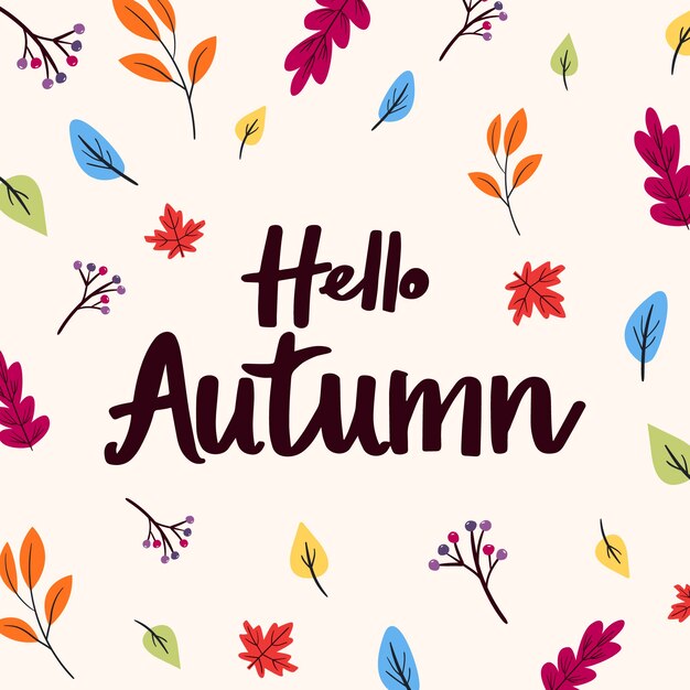 Hola letras de otoño con hojas dibujadas a mano