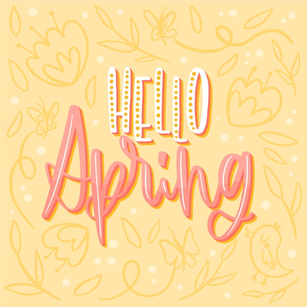 Vector gratuito hola letras de primavera con fondo floral amarillo