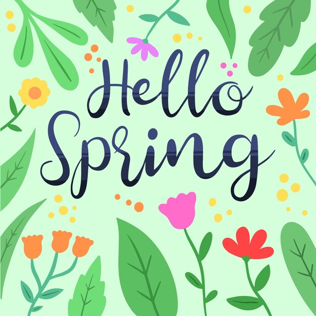 Hola letras de primavera rodeadas de hojas