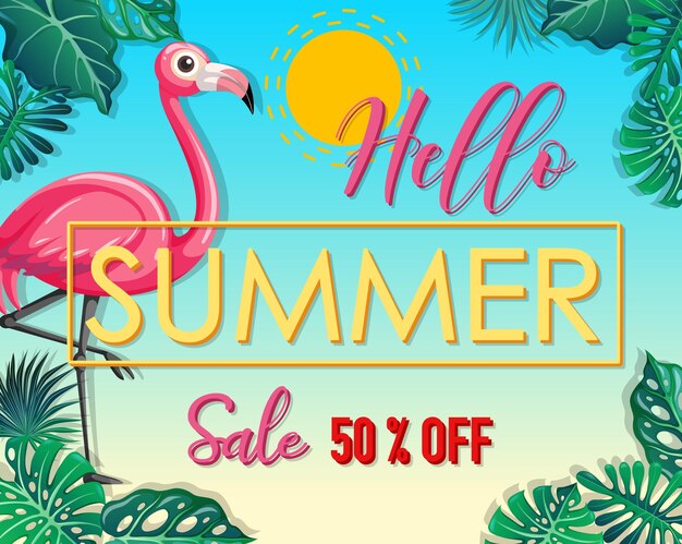 Hola logo de venta de verano con banner de hojas tropicales