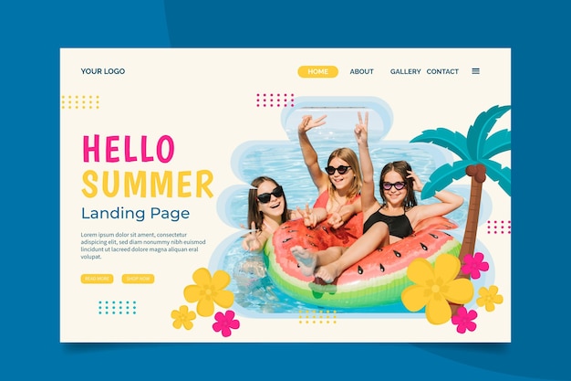 Vector gratuito hola página de aterrizaje de verano con foto