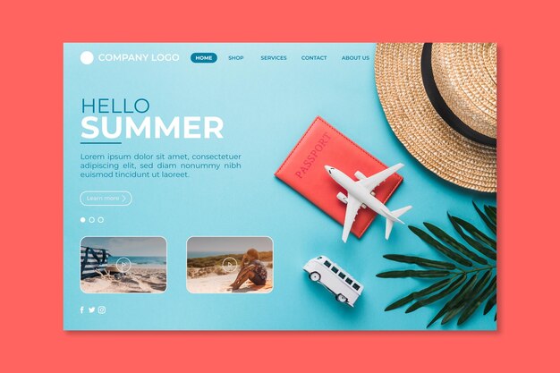 Hola página de aterrizaje de verano con gorro y avión