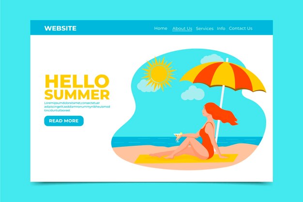 Hola página de aterrizaje de verano con mujer en la playa