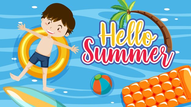 Hola pancarta de verano con un niño en anillo de natación en la piscina