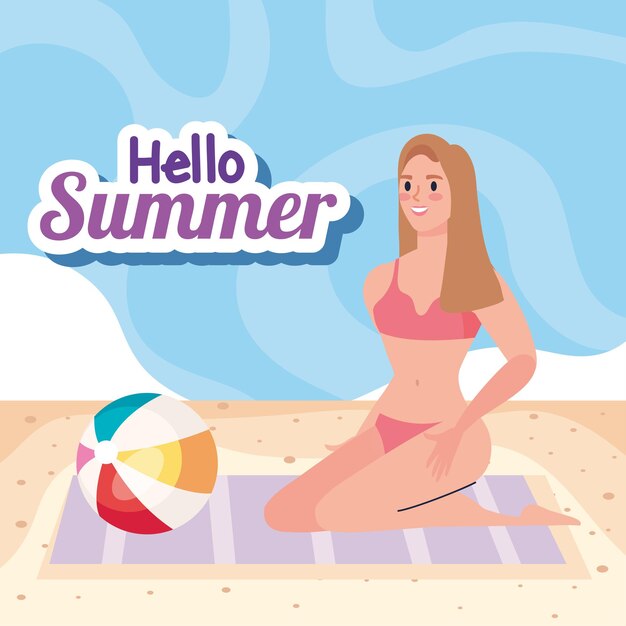 Vector gratuito hola tarjeta de escena de verano con chica