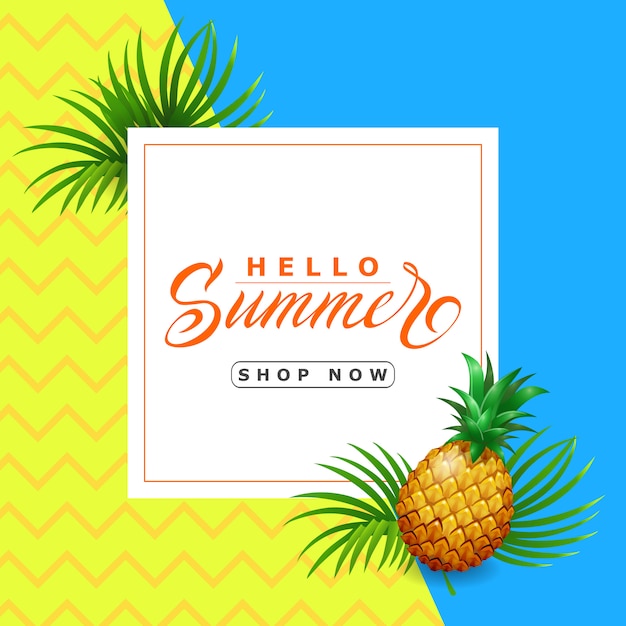 Hola tienda de verano ahora con letras de piña. Oferta de verano o publicidad de venta