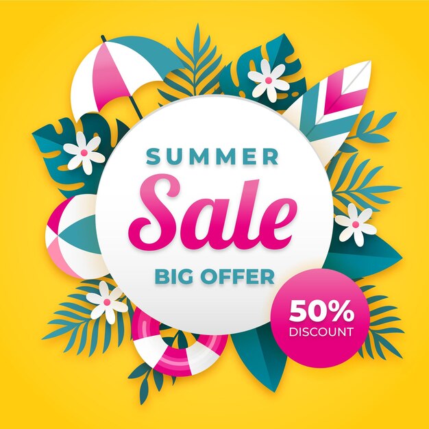 Hola venta de verano con hojas y paraguas