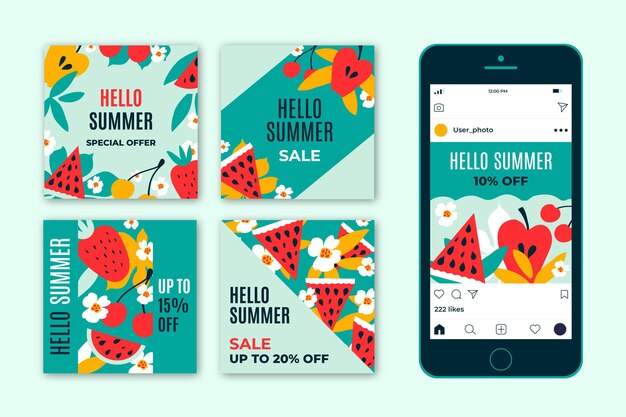 Vector gratuito hola venta de verano paquete de instagram