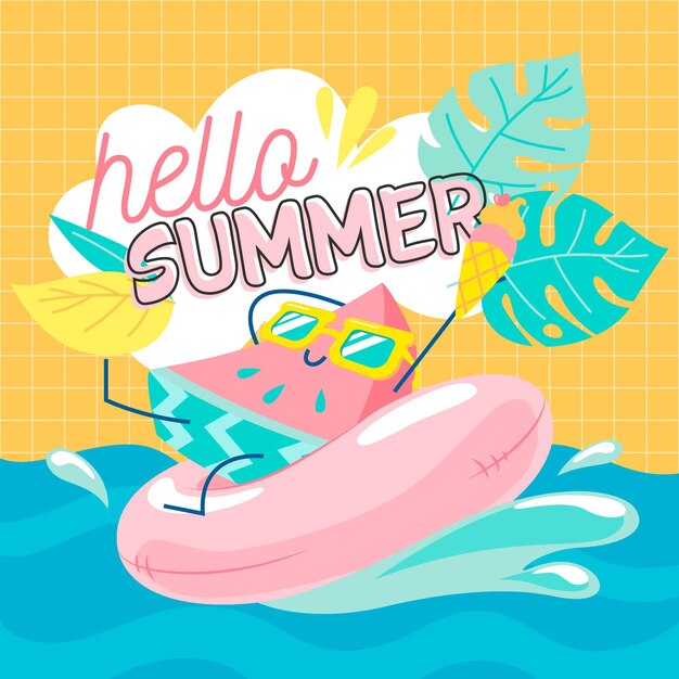 Hola verano dibujado a mano con sandía y agua