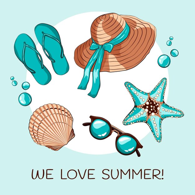 Hola verano con elementos esenciales de playa.