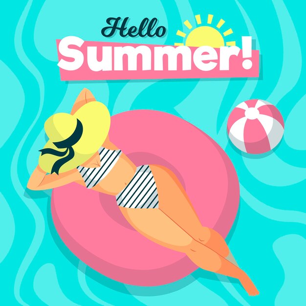 Hola verano con mujer en la piscina