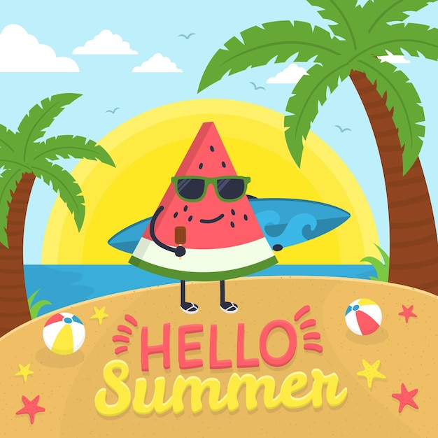 Hola verano con una rodaja de sandía en la playa