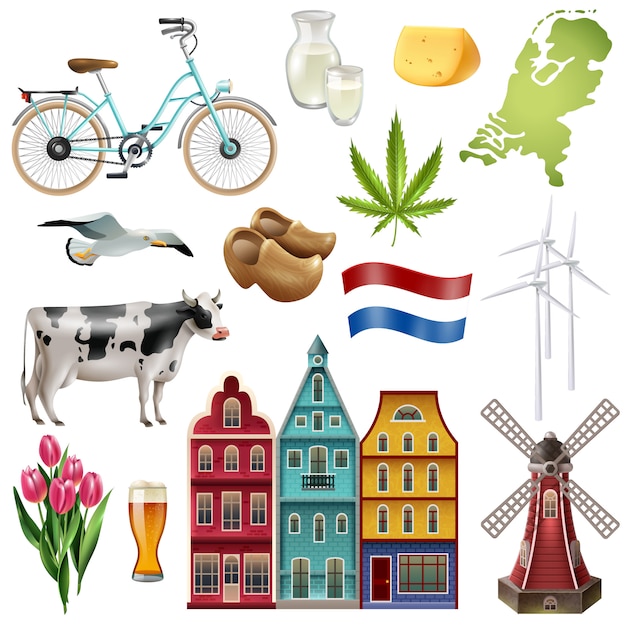 Vector gratuito holanda holanda conjunto de iconos de viaje