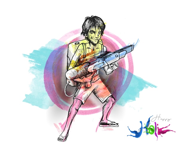 Holi Celebrations Banner - Boy Playing Holi with Gun of Pichkari, ilustración vectorial.