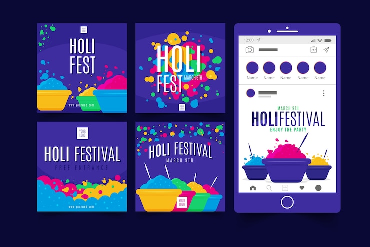 Vector gratuito holi colorful festival instagram post collection