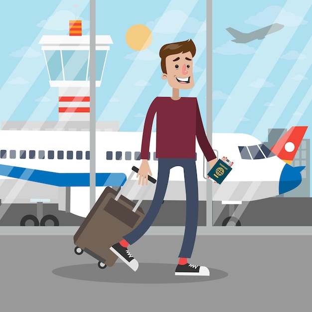 Hombre en el aeropuerto caminando con pasaporte y boletos de equipaje