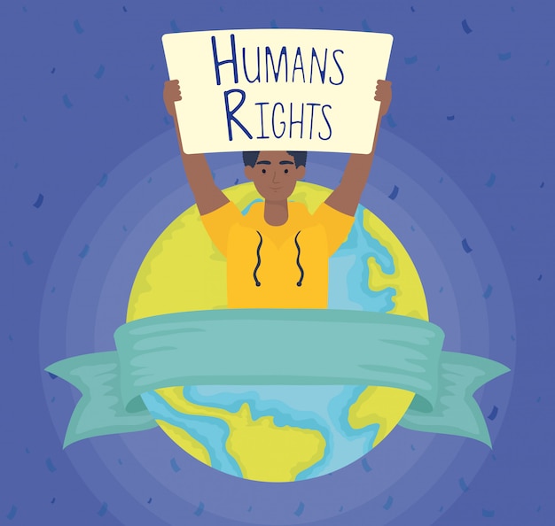 Vector gratuito hombre afro con etiqueta de derechos humanos y diseño de ilustración de vector de planeta mundial