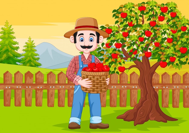 Hombre agricultor de dibujos animados con cesta de manzana en la ...
