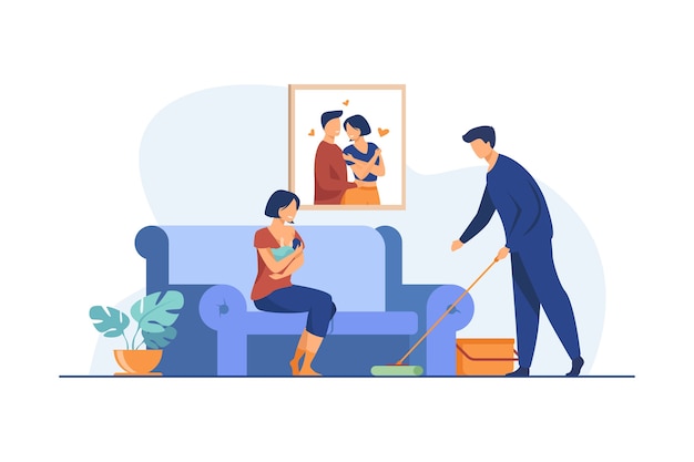 Vector gratuito hombre amoroso que ayuda con la rutina de la casa cuando la mujer alimenta al bebé. mama, familia, ilustración de vector plano recién nacido. maternidad y lactancia