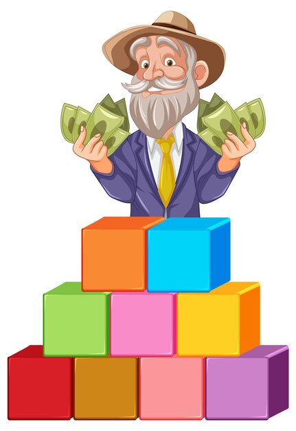 Hombre anciano con dinero y bloques