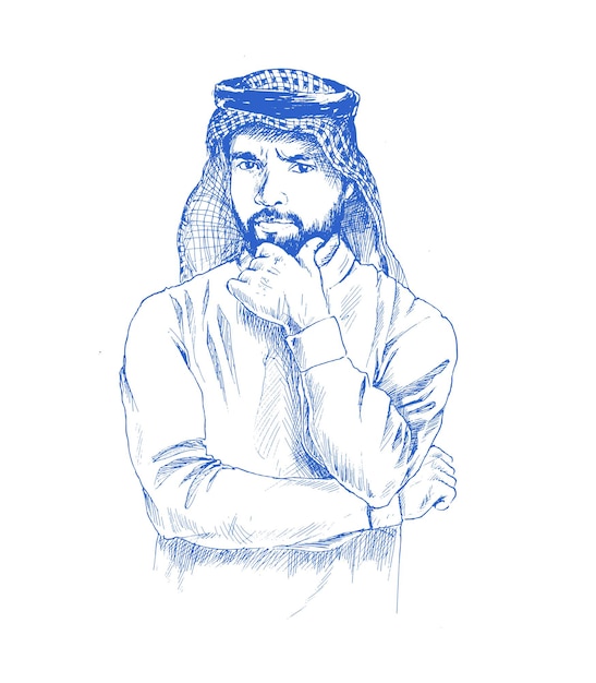 Hombre árabe saudí que usa thobe con expresión facial confusa o pensante, ilustración del vector de boceto dibujado a mano.