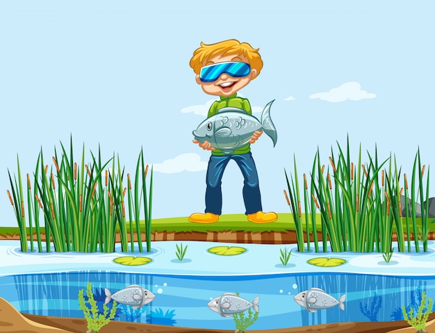 Un hombre atrapando peces
