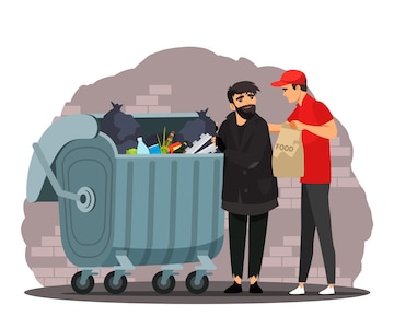 Hombre ayudando a un pobre vagabundo con comida guy dando la cena a un mendigo en la pobreza cerca de los contenedores de basura desigualdad social y ayuda en la sociedad | Hombre ayudando a un pobre vagabundo con comida guy dando la cena a un mendigo en la pobreza cerca de los contenedores de basura desigualdad social y ayuda en la sociedad |