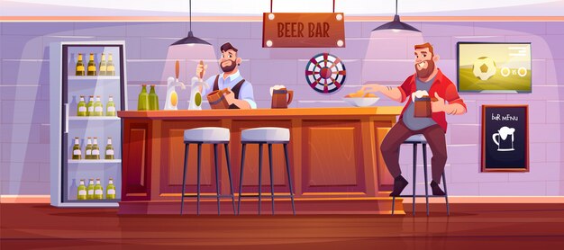Hombre en bar de cerveza. El visitante en el pub se sienta en un taburete alto en el escritorio de madera con el barman que vierte la bebida a la taza. Ilustración de dibujos animados