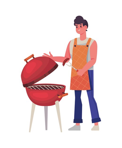 hombre con barbacoa y salchichas
