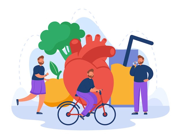 Vector gratuito hombre bebiendo agua, montando bicicleta, trotando con comida sana y fondo de corazón gigante. persona minúscula haciendo deporte y comiendo ilustración de vector plano de alimentos dietéticos. cuidado de la salud y la vida, concepto de estilo de vida