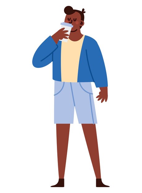 hombre bebiendo café en taza ecológica de pie