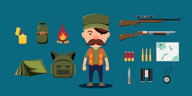 Vector gratuito el hombre del bigote con la brújula y el arma del mapa del matraz de la hoguera del encendedor de hunter equipment en estilo de dibujos animados para la ilustración vectorial del diseñador gráfico