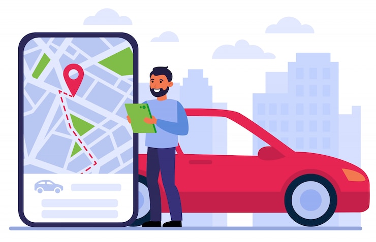 Vector gratuito hombre buscando coche en alquiler