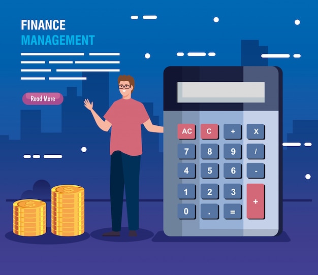 Vector gratuito hombre con calculadora y pila de monedas