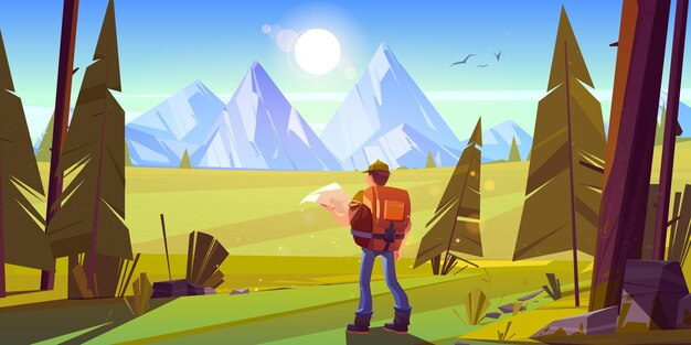 Hombre caminante en el bosque con montañas en el horizonte