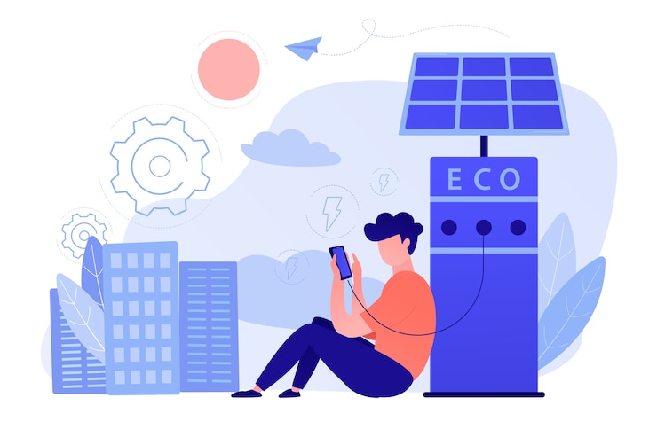 Vector gratuito el hombre carga el teléfono inteligente desde la estación de recarga solar. sistemas de carga ecológicos renovables, paradas de autobús inteligentes, iot y concepto de ciudad inteligente. ilustración vectorial