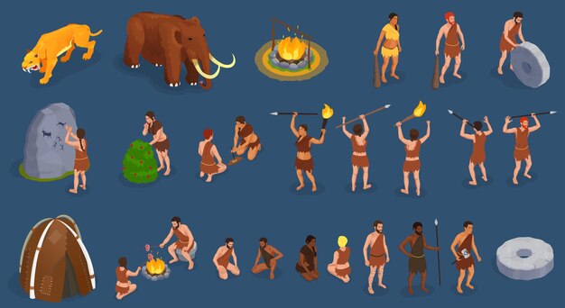 Hombre de las cavernas prehistórico primitivo conjunto de personajes humanos aislados armados con picas animales salvajes e ilustraciones de vectores de hogueras