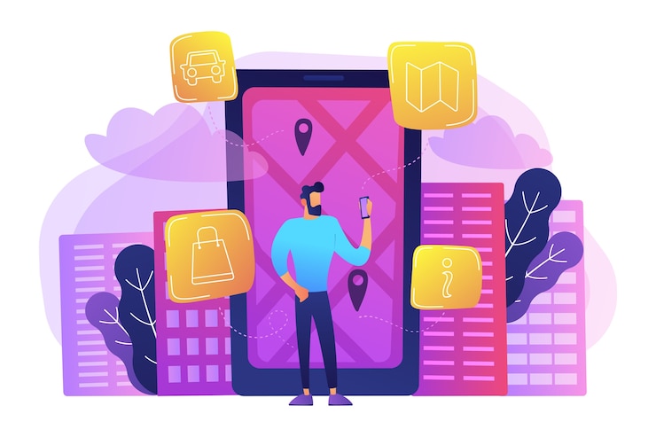 Vector gratuito un hombre cerca de una enorme pantalla lcd con mapa de la ciudad y etiquetas gps en la pantalla obteniendo información sobre la ilustración de la ciudad