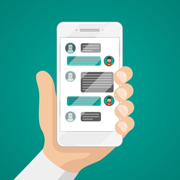 Hombre charlando con chatbot en la ilustración del teléfono inteligente.