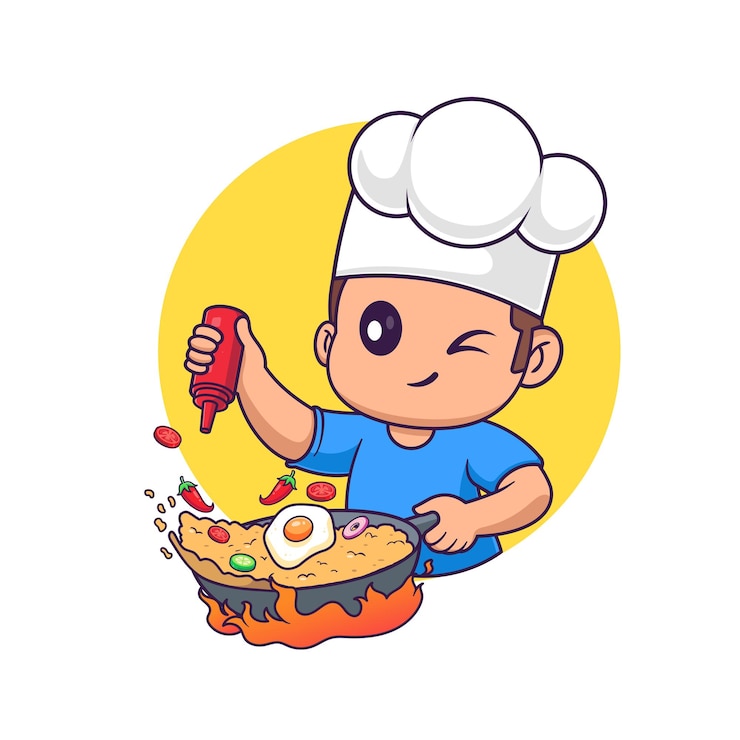 Vector gratuito hombre chef cocinando arroz frito vector de dibujos animados icono ilustración gente alimentos vector plano aislado