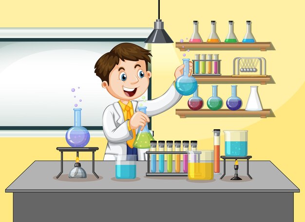 Hombre científico en el fondo de la sala de laboratorio