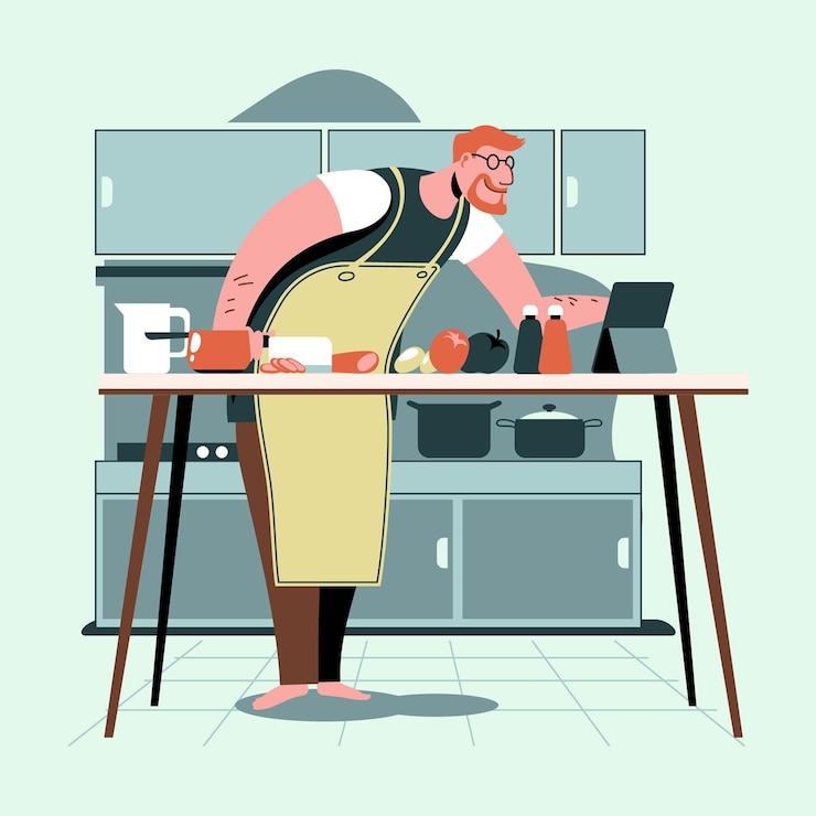 Vector gratuito hombre cocinando una nueva receta de internet