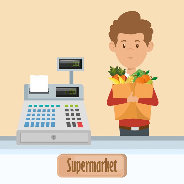 hombre con comestibles de supermercado en bolsa de compras