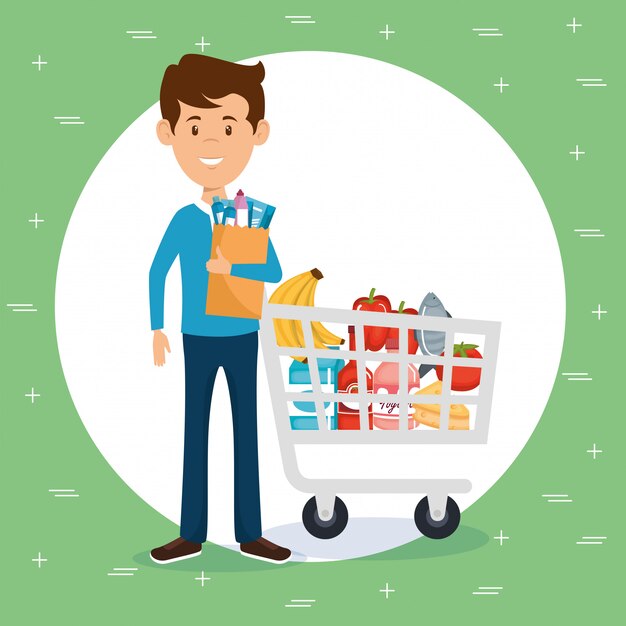 hombre con comestibles de supermercado en bolsa de compras