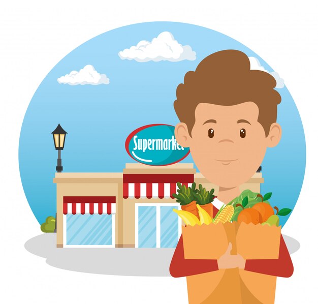 hombre con comestibles de supermercado en bolsa de compras