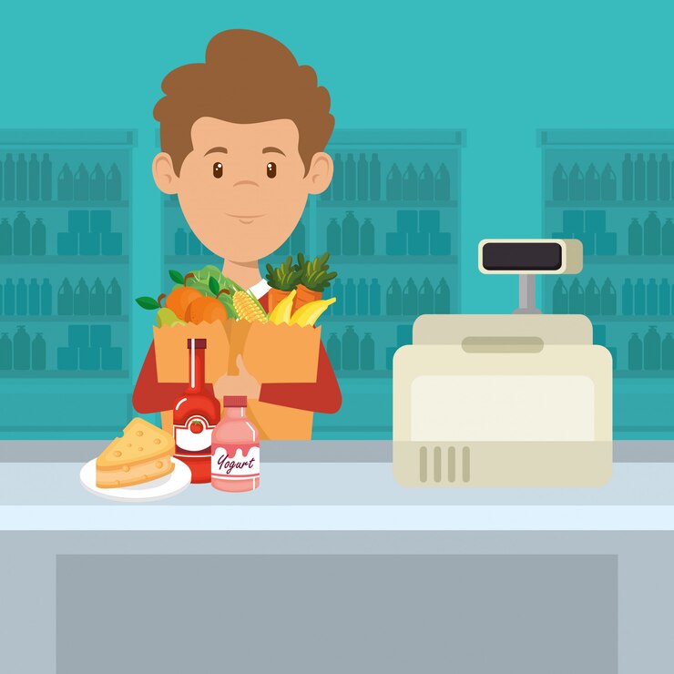 Vector gratuito hombre con comestibles de supermercado en bolsa de compras