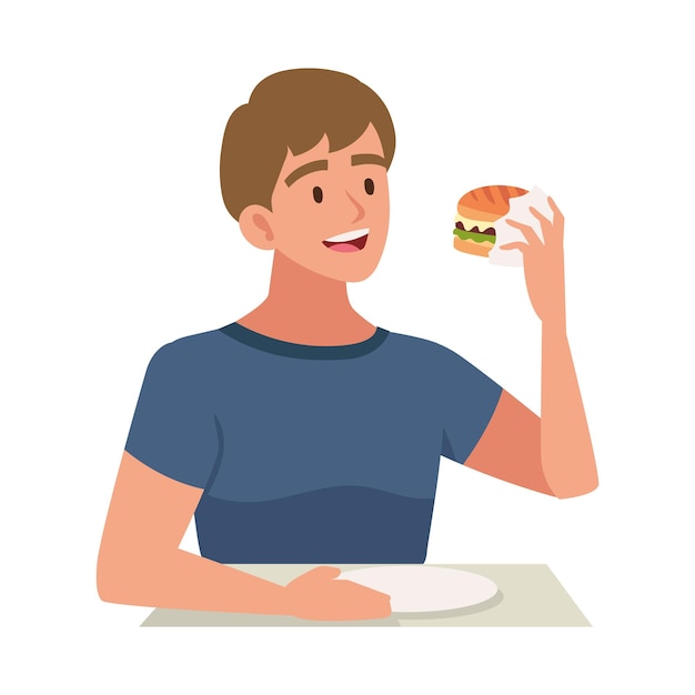 hombre comiendo una ilustración de hamburguesa aislado