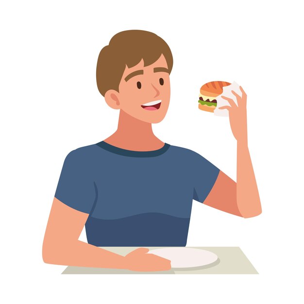 hombre comiendo una ilustración de hamburguesa aislado